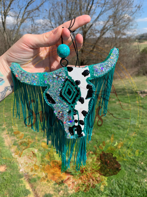 MTO cow print and turquoise bull skull